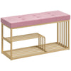HOMCOM Bench and Shoe Storage, Tufted Shoe Storage Bench with Velvet Seat Cushion Gold Steel Frame for Entryway, Pink