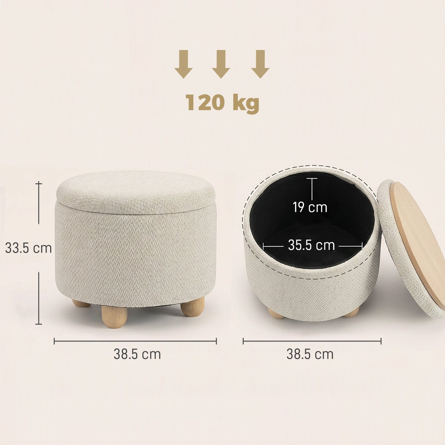 HOMCOM Storage Sitting Bench with Lid, Round Storage Ottoman with Rubberwood Legs, Beige