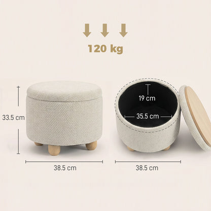 HOMCOM Storage Sitting Bench with Lid, Round Storage Ottoman with Rubberwood Legs, Beige