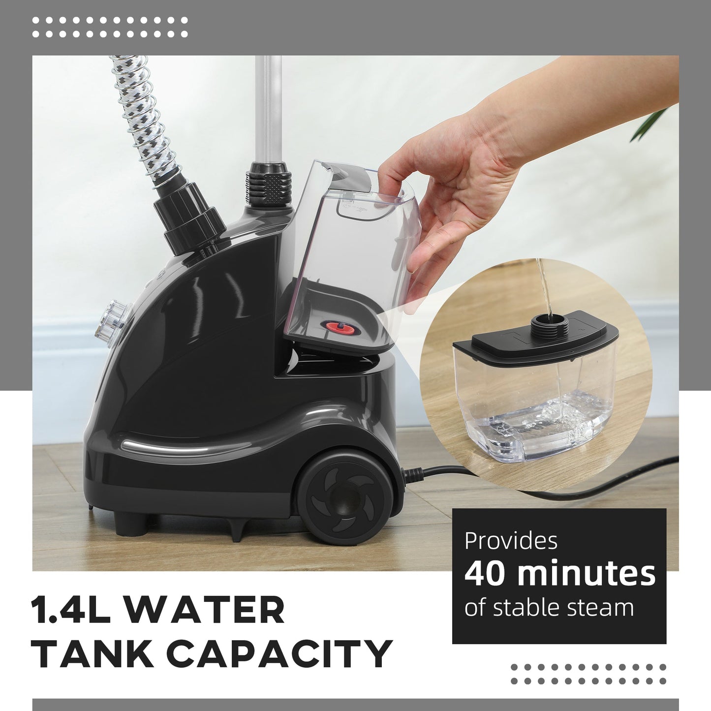 HOMCOM Clothes Steamer with Adjustable Pole Clothes Steamer 11 Steam Levels 41-110 cm Black