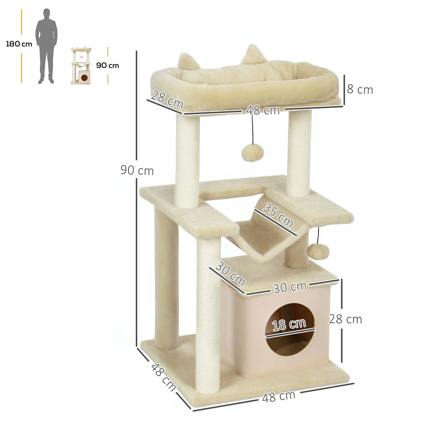PawHut Cat Tree, 90cm Cat Tower with Sisal Scratching Posts, Cat Condo, Hammock, Top Perch and 2 Hanging Toys for Cats, Beige