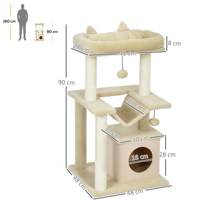 PawHut Cat Tree, 90cm Cat Tower with Sisal Scratching Posts, Cat Condo, Hammock, Top Perch and 2 Hanging Toys for Cats, Beige