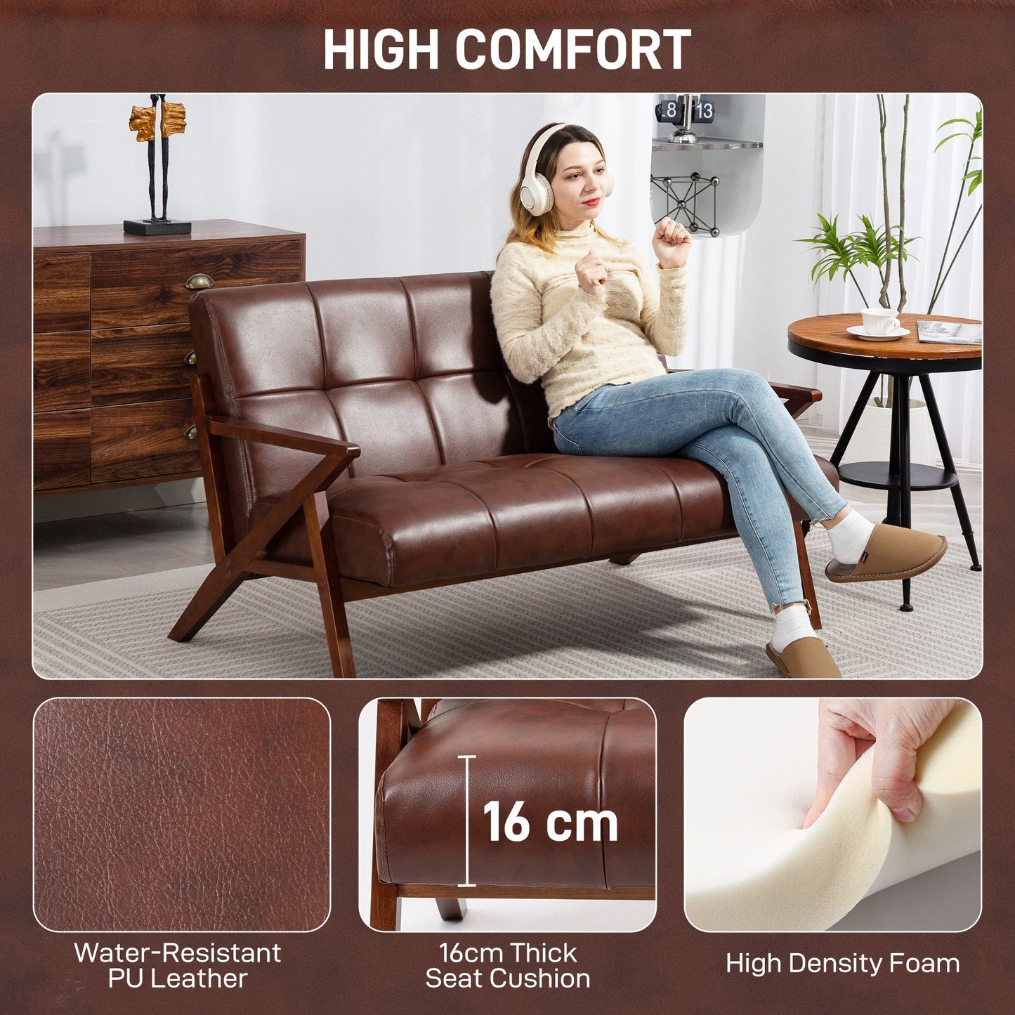 كنبة مقعدين صغيرة من هوم كوم، كنبة Love seat عتيقة منجدة بأزرار مع أرجل من الخشب الصلب، كنبة جلد صناعي صغيرة لغرفة المعيشة وغرفة النوم والمكتب المنزلي، 133 × 81 × 78.5 سم، بني