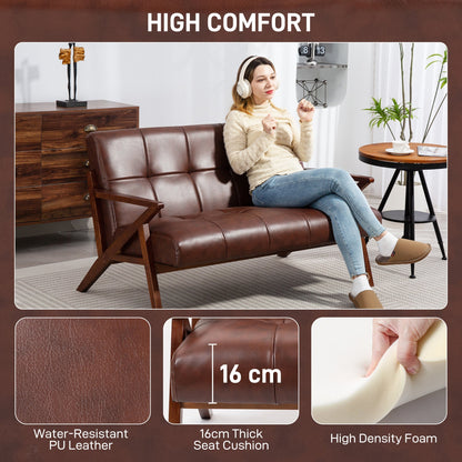 كنبة مقعدين صغيرة من هوم كوم، كنبة Love seat عتيقة منجدة بأزرار مع أرجل من الخشب الصلب، كنبة جلد صناعي صغيرة لغرفة المعيشة وغرفة النوم والمكتب المنزلي، 133 × 81 × 78.5 سم، بني