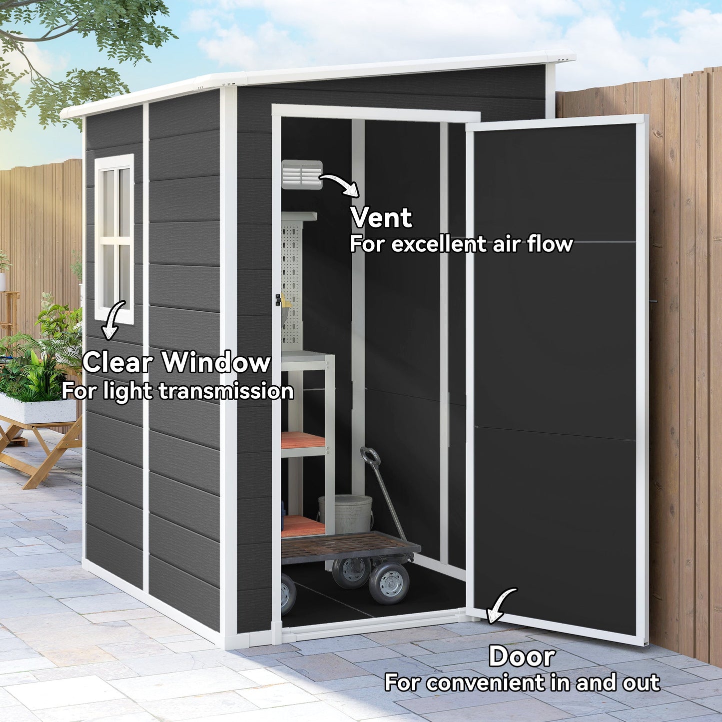 حظيرة تخزين خارجية Outsunny 4'x5' للحديقة، حظيرة مائلة، حظيرة حديقة قابلة للقفل مع نافذة، فتحة تهوية وسقف بلاستيكي، أسود