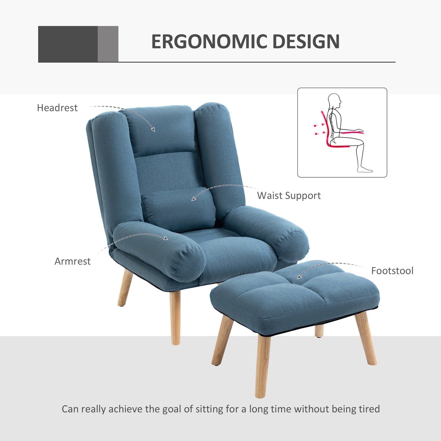 HOMCOM Armchair with Footstool, 180 Recliner with Ottoman, Accent Chair and Footstool with 3-Position Adjustable Backrest and Wooden Legs for Living Room, Blue