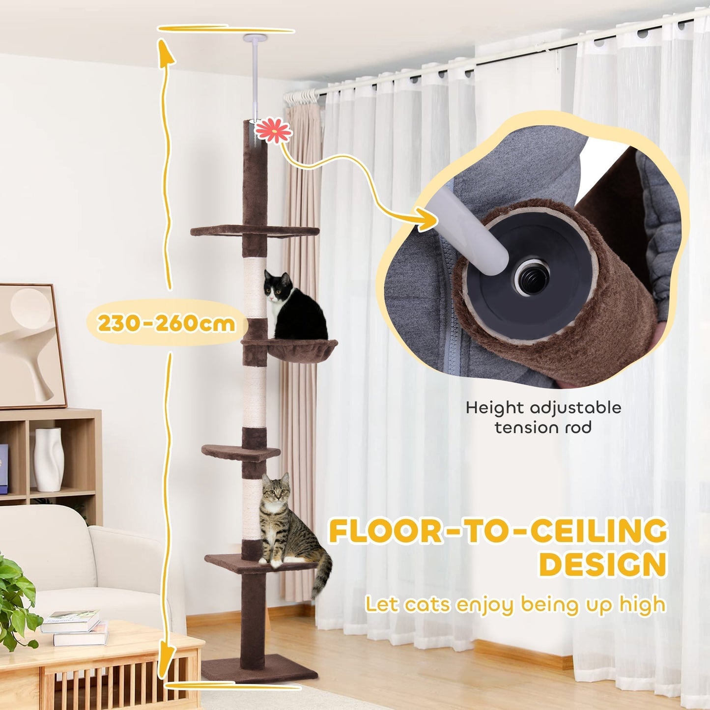 PawHut Floor to Ceiling Cat Tree 230-260cm Height Adjustable, 5-Tier Cat Tower with Scratching Posts, Hammock, Perches, Climbing Activity Centre for Indoor Kittens Playing and Relaxing, Brown