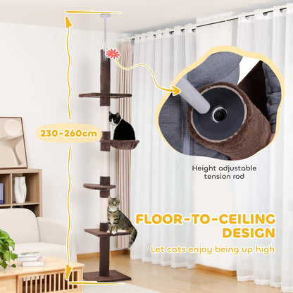 PawHut Floor to Ceiling Cat Tree 230-260cm Height Adjustable, 5-Tier Cat Tower with Scratching Posts, Hammock, Perches, Climbing Activity Centre for Indoor Kittens Playing and Relaxing, Brown
