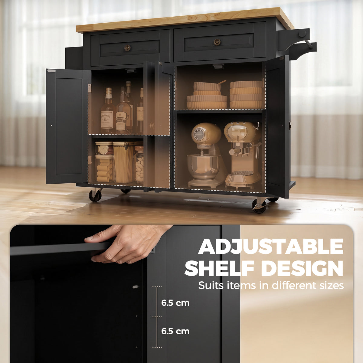 HOMCOM Kitchen Island on Wheels in Black