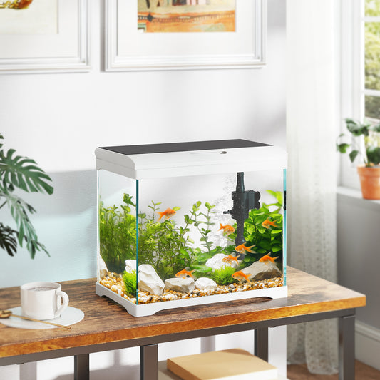 PawHut 17L Glass Fish Tank with Filter System, LED Light, Water Pump, for Betta, Goldfish, Shrimps, White