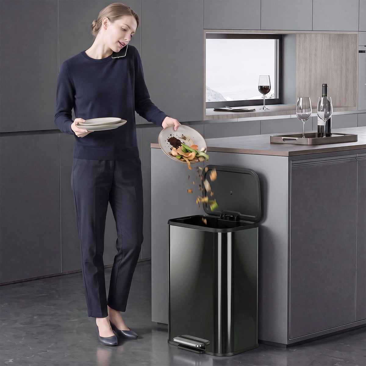 HOMCOM 50L Kitchen Bin in High Gloss Black