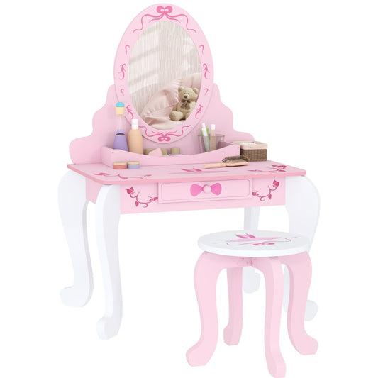 AIYAPLAY Kids Dressing Table Set, Vanity Table with Stool, Mirror, Drawer, Desktop, Storage, Ballet-Theme, Pink