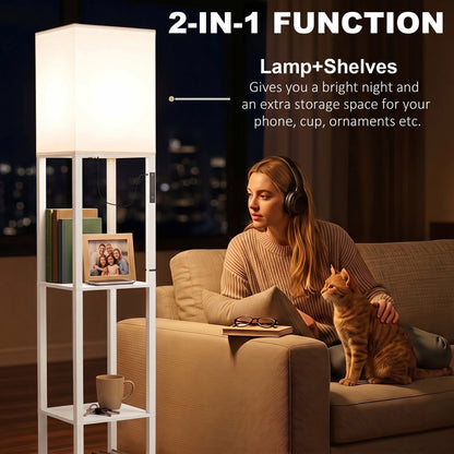 HOMCOM Floor Lamp with Shelves, Modern Dimmable Standing Lamp with Fabric Lampshade, Adjustable Colour Temperature, White