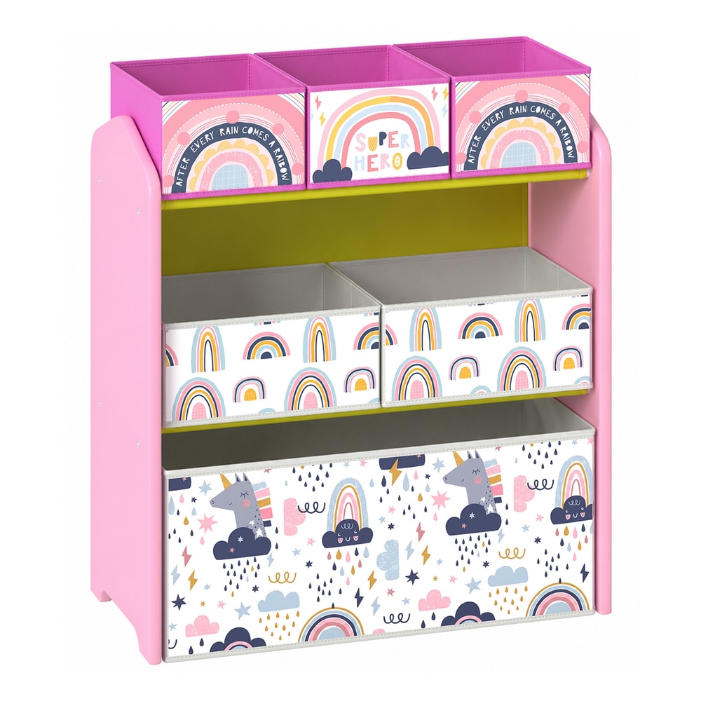 AIYAPLAY Toy Storage Organiser, 3-Tier Wooden Kids Toy Storage Rack with 6 Fabric Storage Bins for Bedroom, Kids Room, Pink