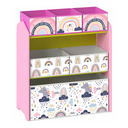 AIYAPLAY Toy Storage Organiser, 3-Tier Wooden Kids Toy Storage Rack with 6 Fabric Storage Bins for Bedroom, Kids Room, Pink