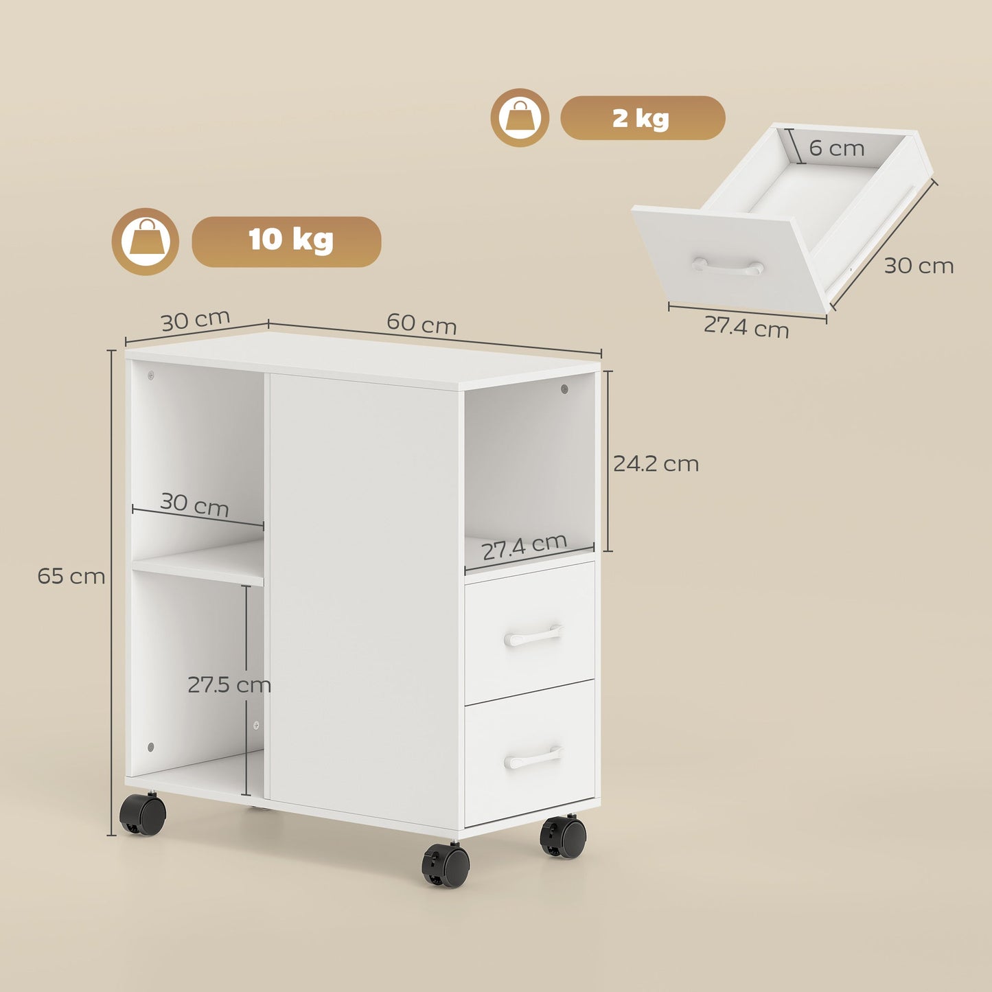 HOMCOM Narrow Mobile Printer Table with Wheels, Rolling Printer Stand with Drawers for Home Office, 30 x 60 x 65 cm, White