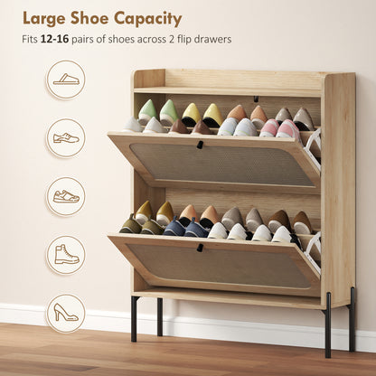 HOMCOM Shoe Cabinet with 2 Flip Drawers in Oak