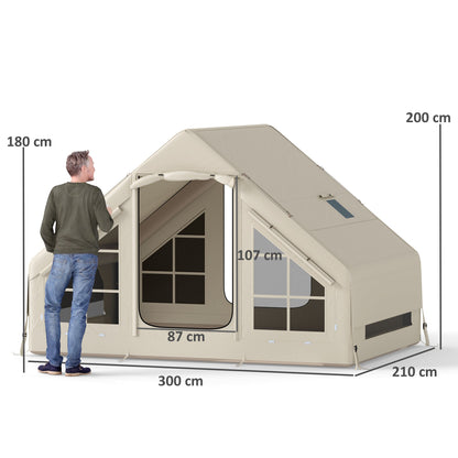Outsunny Inflatable Camping Tent with Pump and Stove Jack Hole, Easy Setup 2-4 Person Blow Up Tent, Waterproof Luxury Inflatable Tent with Mesh Windows, Doors, Hook and Carry Bag, Beige