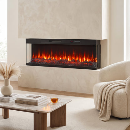 HOMCOM 60" Electric Fireplace Insert, 3-Sided Freestanding/Wall Recessed Electric Fire Heater with Adjustable Flame, 1800W