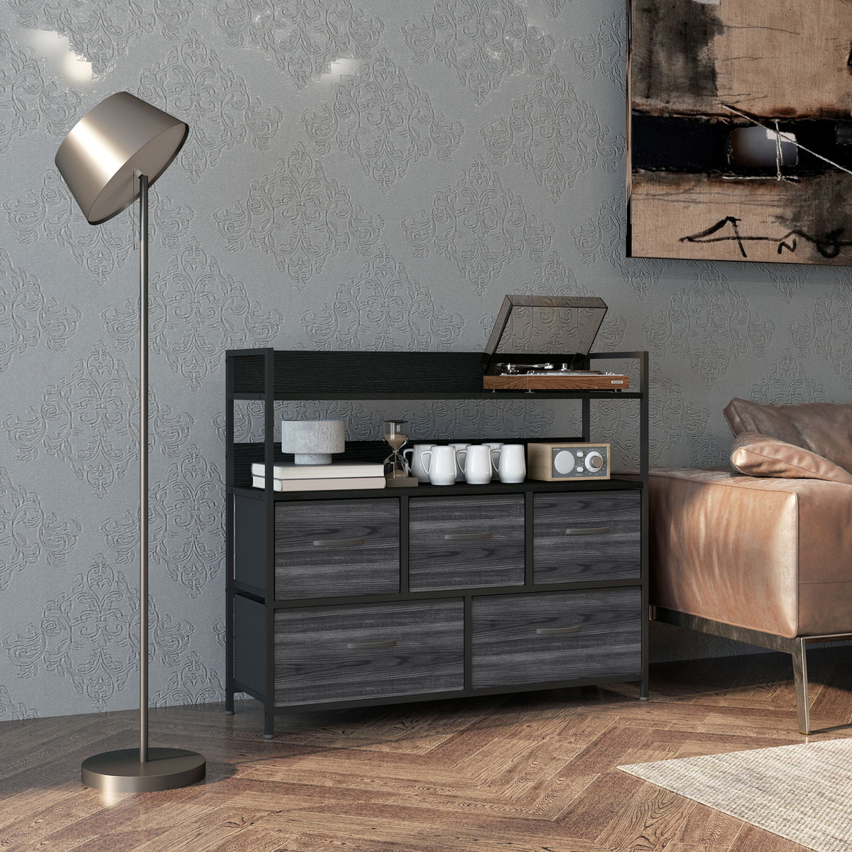 HOMCOM Rustic Chest of Five Fabric Drawers in Black