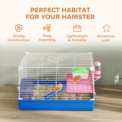 PawHut Hamster Cage, Small Gerbil Cage 2 Tiers Portable w/ Handle, Exercise Wheel, Water Bottle, Dishes, Blue