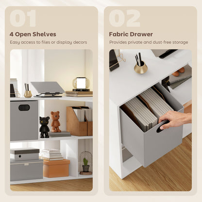 HOMCOM L Shaped Computer Desk, 110 x 100cm Reversible Corner Desk with Fabric Drawer and Storage Shelves, White