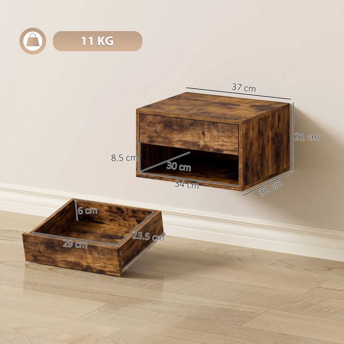 HOMCOM Set of Two Floating Bedside Tables in Rustic Brown