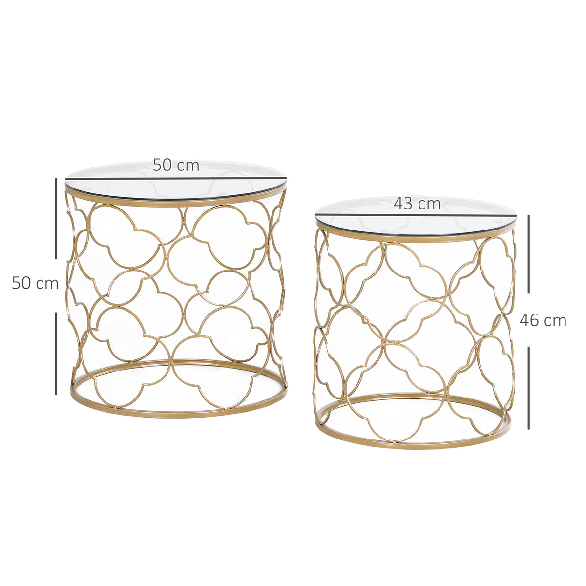 HOMCOM Nesting Tables Set of 2, Modern Stacking Side End Table with Tempered Glass Top, Metal Frame for Living Room Bedroom Office, Gold Tone