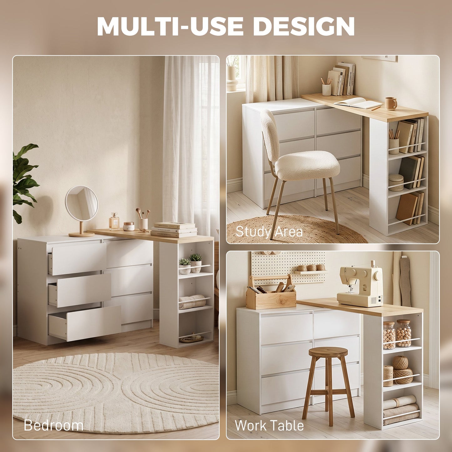 HOMCOM Vanity Table, Dressing Table with 6 Drawers and 3-Tier Shelf for Women and Girls, White