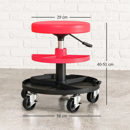HOMCOM Rolling Mechanic Stool, 135kg Capacity Workshop Stool, 360 degrees Swivel Roller Padded Creeper Seat with Wheels, Tool Trays Storage for Garage, Shop, Auto Repair, Red