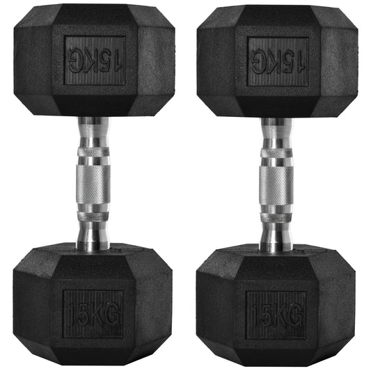 HOMCOM 2x15kg Rubber Hex Dumbbell Portable Hand Weights Dumbbell Home Gym Workout Fitness Hand Dumbbell