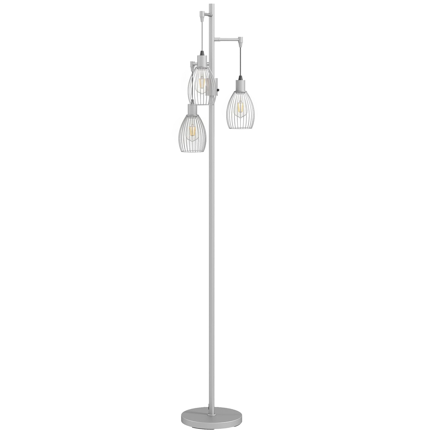 HOMCOM 170.5cm Industrial Dimmable Standing Lamp, 3-Light Floor Lamp with Steel Wire Cage Lampshades, Silver Tone