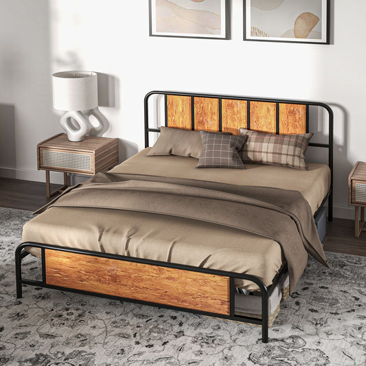 HOMCOM 5.2ft King Bed Frame with Industrial Wood Headboard, Steel Slat Support and 31cm Underbed Storage Space, 160 x 207cm, Rustic Brown