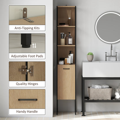 HOMCOM Tall Bathroom Cabinet with Open Shelves and Adjustable Shelf - Natural Wood Finish