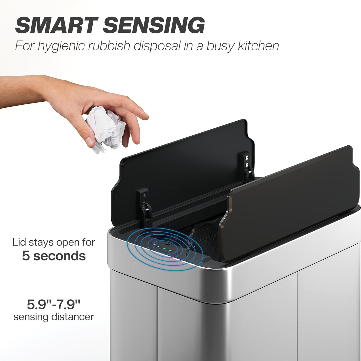 HOMCOM 55L Sensor Bin, Large Automatic Touchless Rubbish Bin with Soft-Close Lid, Silver Tone