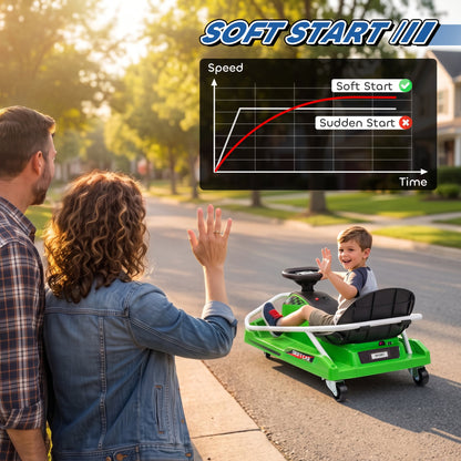 AIYAPLAY 24V Electric Go Kart for Kids with Drift Mode, 300W Brushless Motor, Soft Start and Dual Speed for Ages 6-10, Green
