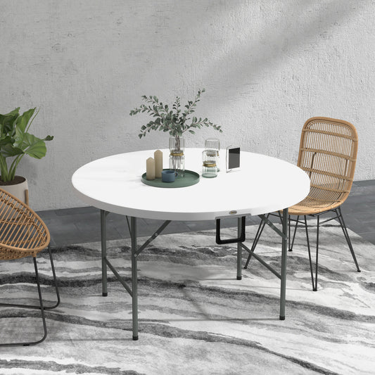 Outsunny Folding Garden Table, 122 cm Round HDPE Outdoor Picnic Table for 6, Metal Frame for Patio, Park, White