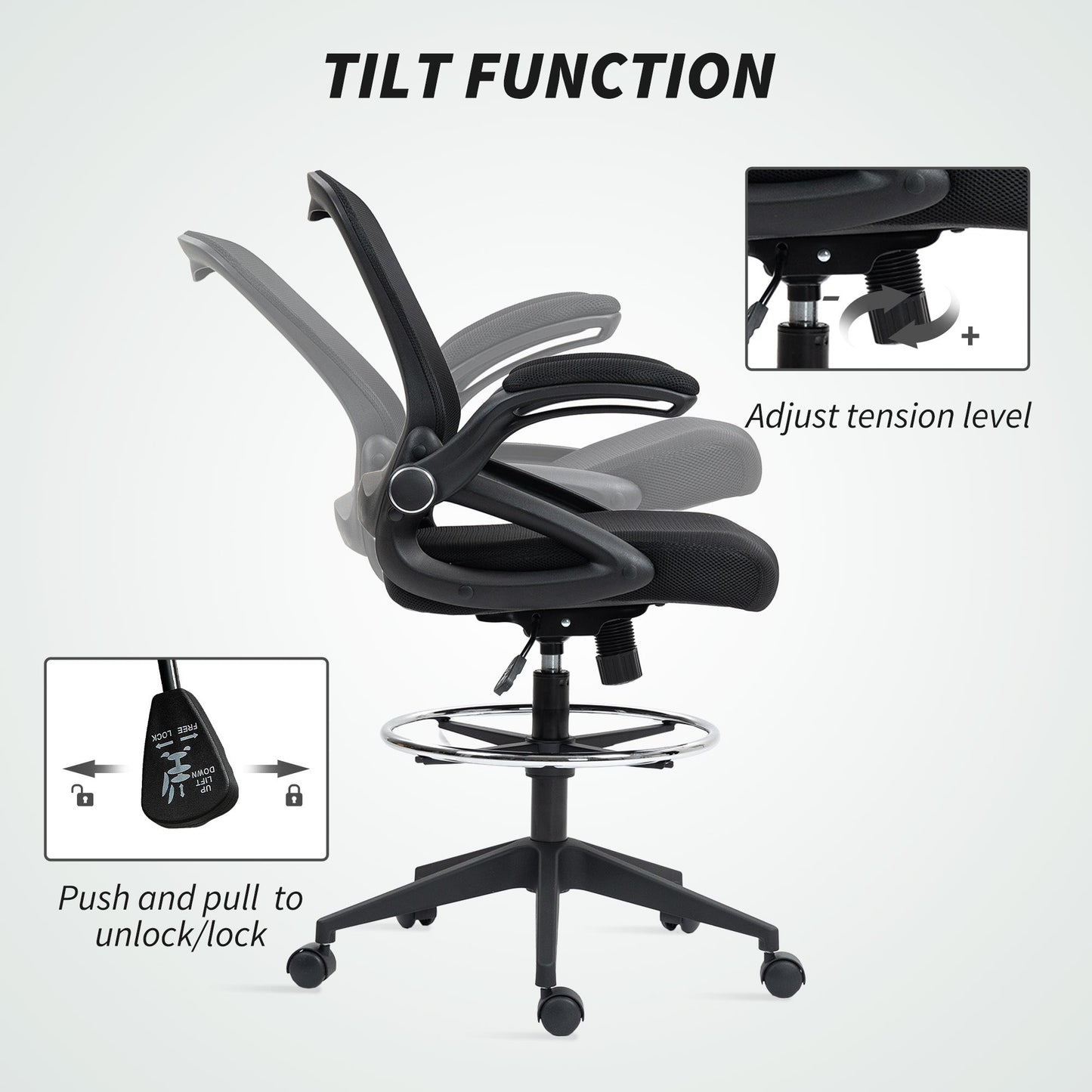 Vinsetto Drafting Chair with Flip-up Armrest, Mesh Office Stool with Foot Ring, 360 Degree Swivel Height Adjustable Chair for Standing Desk, Black