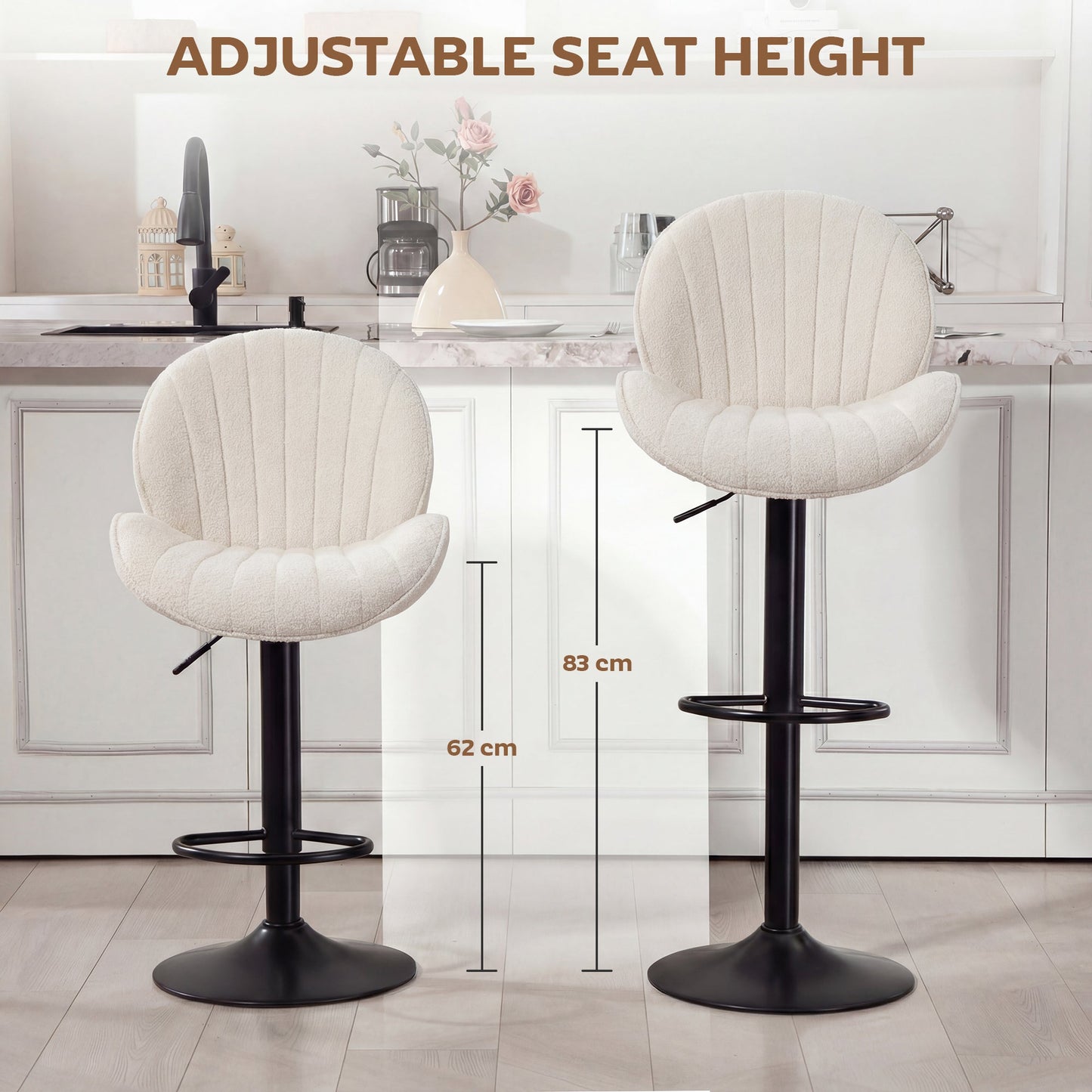 HOMCOM Bar Stools Set of 2, Swivel Barstools with Back, Adjustable Height and Footrest for Kitchen Island, Dining Room, Cream
