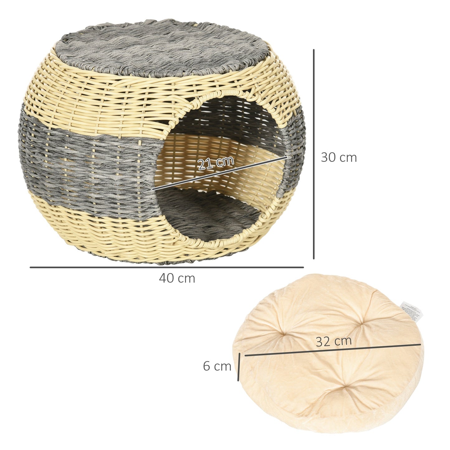 PawHut Wicker Cat House, Rattan Raised Cat Bed, Cosy Kitten Cave with Soft Washable Cushion, a40 x 30cm
