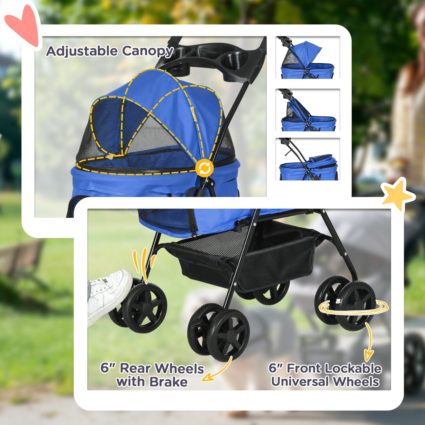 عربة أطفال قابلة للطي من PawHut Dog Pram للكلاب الصغيرة مع 4 عجلات ومقود أمان وحامل أكواب للكلاب الصغيرة، باللون الأزرق