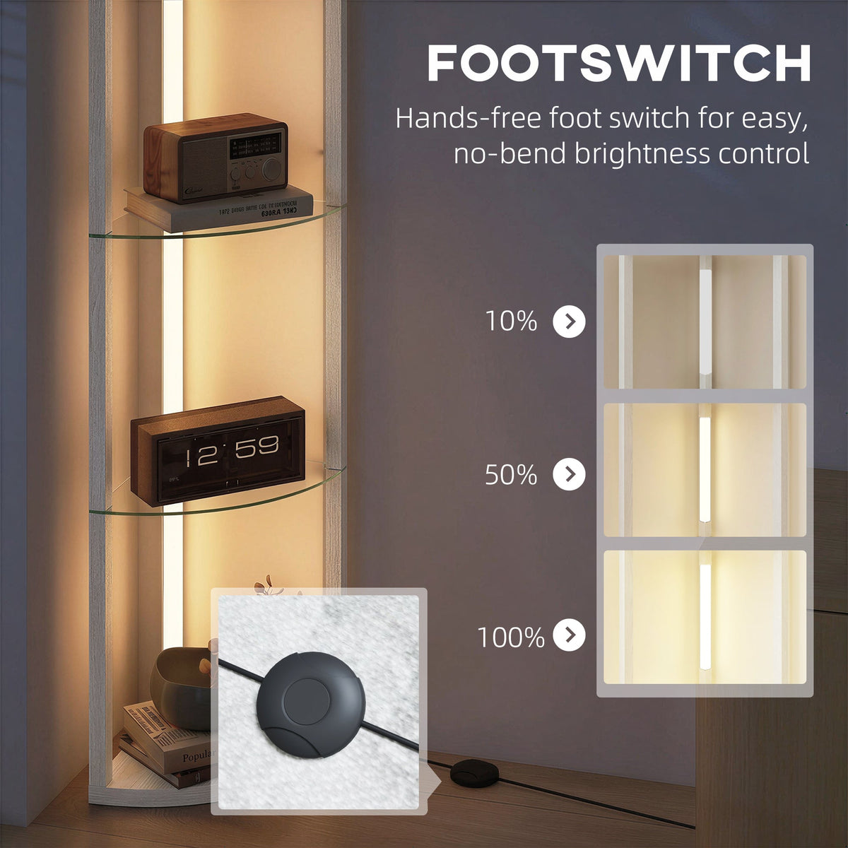 مصباح أرضي من HOMCOM LED بأرفف، مصباح قائم قابل للتعتيم مع مفتاح قدم لغرفة المعيشة وغرفة النوم، رمادي