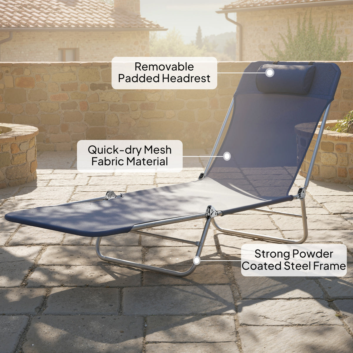 Outsunny Folding Sun Lounger with Head Pillow in Dark Blue