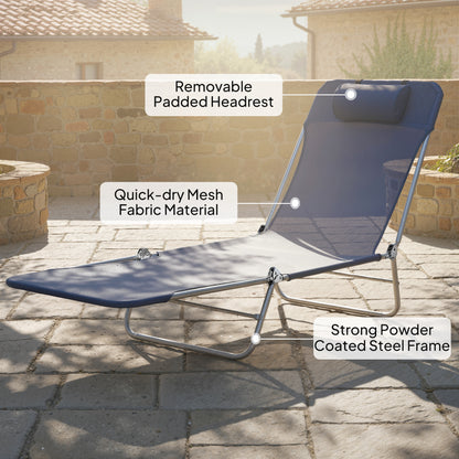 Outsunny Folding Sun Lounger with Head Pillow in Dark Blue