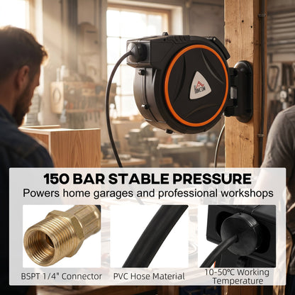 HOMCOM Auto Rewind Hose Reel, Retractable Air Hose Reel 20 m + 2 m, 150 Bar with 1/4" BSPT Connector, Black
