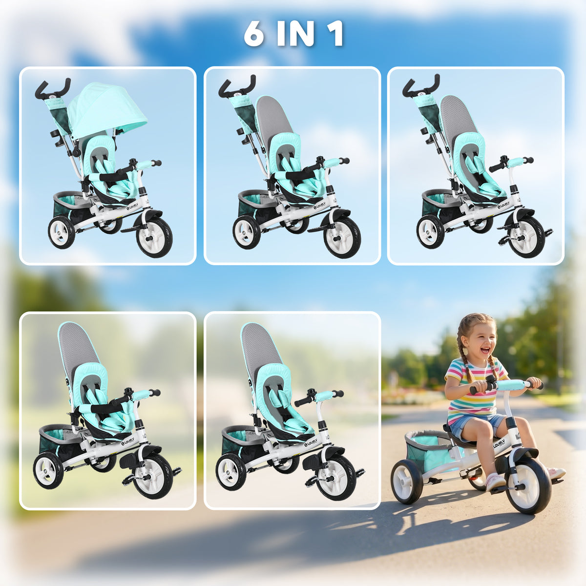 HOMCOM 6 in 1 Kids Trike with Parent Handle in Green