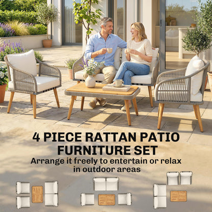 Outsunny 4 Piece Rattan Garden Furniture Set with Loveseat in Cream White