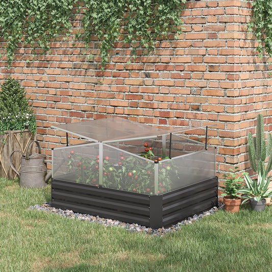 Outsunny Galvanised Raised Garden Bed, Outdoor Planter Box with Greenhouse and Cover for Vegetables, Flowers, Dark Grey