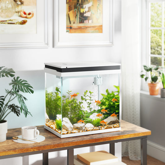 PawHut 26L Glass Fish Tank With Filter System, LED Lights, Water Pump, White