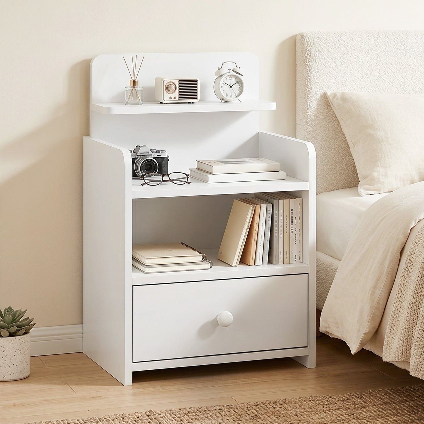 HOMCOM Bedside Cabinet, Bedside Table with Drawer and Shelf for Living Room, White